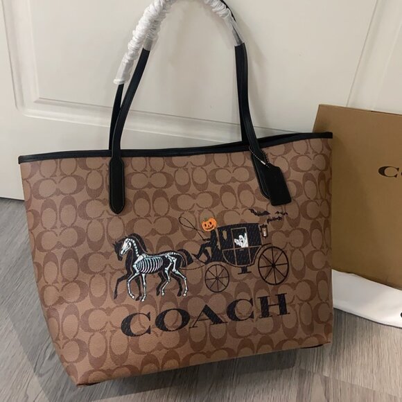 Coach City Tote In Signature Canvas With Halloween Horse And Carriage - Picture 1 of 7